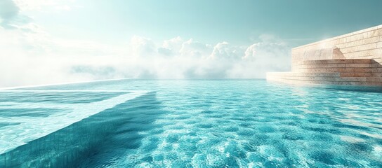 Infinity pool with sparkling blue water extends to a bright sky, stone wall details right