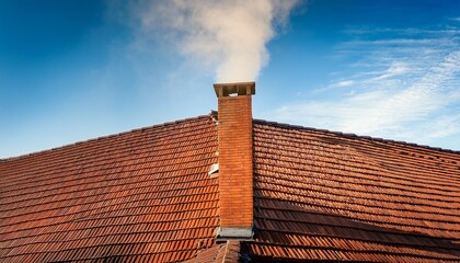 brick chimney extending from roof emitting light smoke brick clay