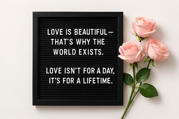 A black sign with a romantic quote and pink roses on a white background