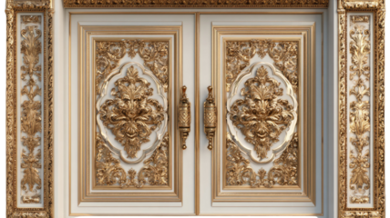 Luxury golden ornamental doors with intricate baroque patterns majestic palace entrance decorative architectural details isolated on white background