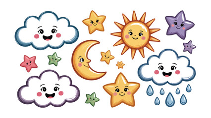 Fototapeta premium A charming collection of cute cartoon sun, moon, stars, and clouds for children's projects