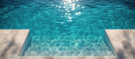 Sunlit clear blue pool with visible steps and rippling water reflecting bright light