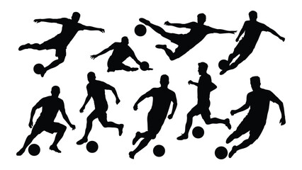 Set of soccer player silhouettes showing different game poses and movements
