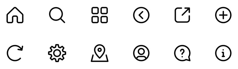 Plakat Basic user interface icon set, UI navigation line icons including home, search, grid, back, share, add, refresh, settings, location, profile, help and info symbols, outline icons. editable stroke