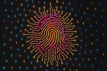 Digital fingerprint biometric security concept with circuit board traces and binary code