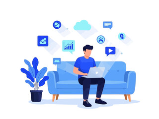 Man sitting on a blue couch with laptop and icons floating around him