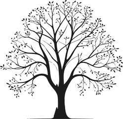Obraz premium Generic tree silhouette drawn as monochrome vector, balanced branches, dense foliage shape, flat design, no textures or shading, isolated on white background