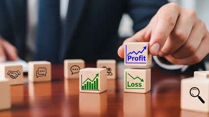 Businessman analyzing profit and loss with wooden block graphs on a polished wooden desk in a professional office setting with a blurred background with finance with analysis