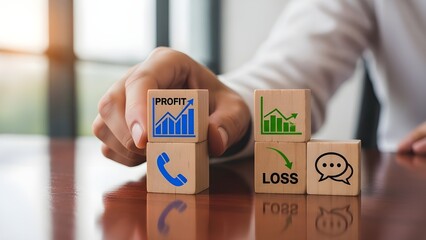 Businessman analyzing profit and loss with wooden blocks on a table in an office setting with a blurred background with finance and strategy and planning and analysis with growth