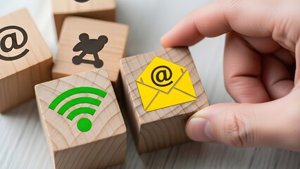 Hand holding wooden block with email symbol among internet and communication icons on similar blocks with technology and digital and online and connection and network with web