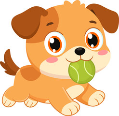 Cute Puppy Dog Cartoon Character Holding A Tennis Ball &ndash; Vector Illustration Flat Design Isolated On Transparent Background
