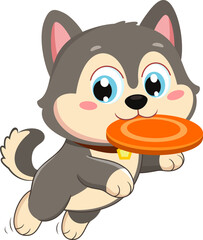 Cute Husky Puppy Dog Cartoon Character Jumping With Frisbee &ndash; Vector Illustration Flat Design Isolated On Transparent Background