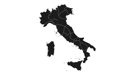 Detailed Solid Black Map of Italy with Administrative Regions in Bright Studio