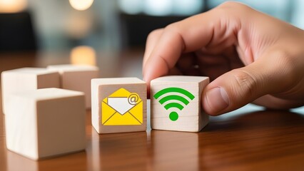 Hand placing wooden block with green wifi symbol next to email icon on wooden table with blurred background with technology and internet and connection and digital with online