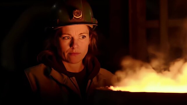Female worker in a steel mill handling molten metal with safety gear and focused expression