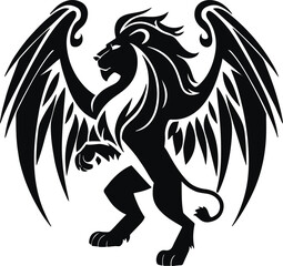 Obraz premium Fantasy winged lion symbol illustrated as minimalist black and white vector, bold shapes, no shading, no background, scalable SVG design