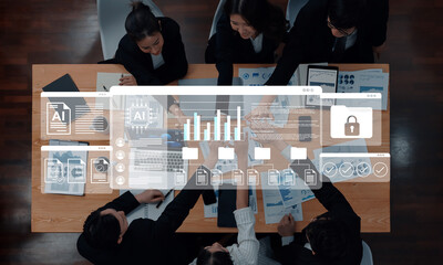 A group of professionals engage in a collaborative business meeting, analyzing data and insights presented on a digital screen in a modern office setting. Gantry
