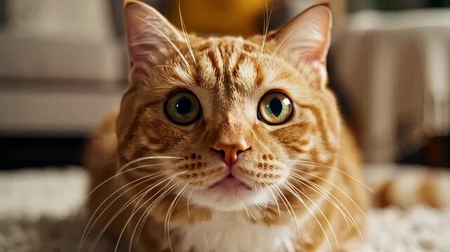 Close-up of an orange tabby cat startled by a sound. Ginger feline lying on a rug with wide eyes and perked ears. Curious pet reaction concept