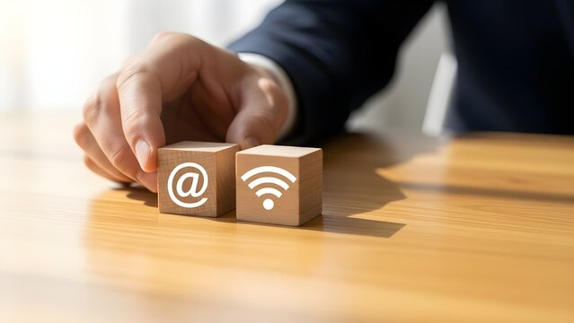 A hand places wooden blocks with email and wifi symbols on a light brown wooden desk in a bright office setting for online communication and connectivity with digital - Powered by Adobe