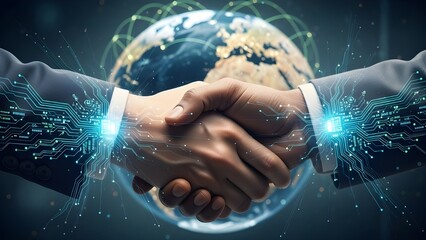 Two business people shaking hands in front of a globe with circuit board and network connections symbolizing global partnership and technology with handshake with cooperation
