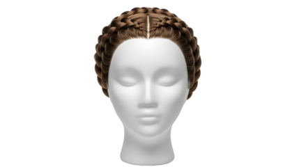 Isolated Product Shot of Brown Braided Wig on White Mannequin Head