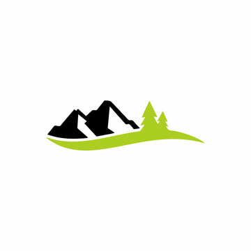 Mountain logo outdoor emblem circle - adventure wildlife pine tree forest design, hiking exploration nature, camping basecamp campfire alpine himalaya.