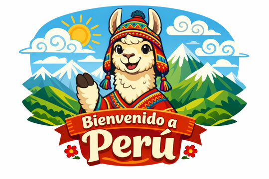 Vector illustration of llama with traditional Peruvian chullo in Andean mountains with stylized clouds and friendly text Welcome to Peru