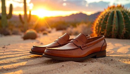 Elegant Leather Loafers in Desert Landscape at Sunset for a Sophisticated Lifestyle Aesthetic.