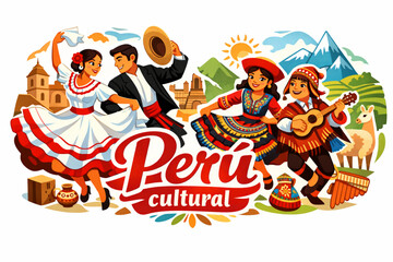 Obraz premium Vector illustration of Peruvian traditional dances Marinera and Huayno with stylized characters and text Peru cultural