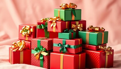 Stack of festive gift boxes in red, green, and gold wrapping, adorned with shiny bows and ribbons on a soft background,  elegant, christmas
