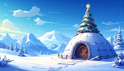 Winter wonderland igloo with christmas tree against snowy mountain landscape cartoon illustration.