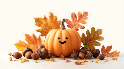 Adorable pumpkin with a smiley face, autumn leaves, and acorns on a white background