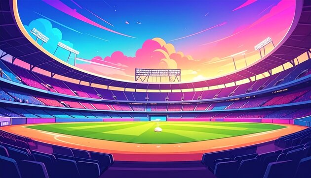 Vibrant stadium with sunset sky field sports and empty seats colorful illustration bright stadium.