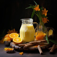 Photo Fermented milk drink with turmeric on rustic table, dark background.
