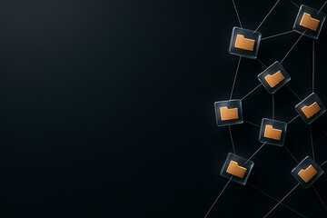 Digital network of data storage cubes connected by lines on dark background