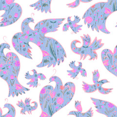 Delicate seamless pattern with beautiful birds filling by flowers