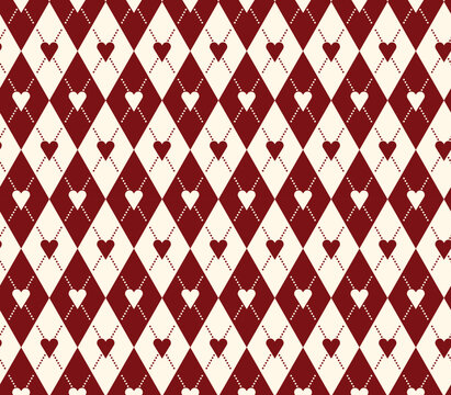 Seamless Valentine&rsquo;s Day heart pattern with red and cream geometric diamonds. Romantic repeating vector background for love and wedding designs, ideal for wrapping paper, fabric, greeting cards