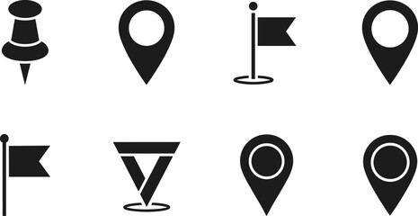 Map navigation and location marker icons set including pins, flags, and pointers, black silhouette flat vector illustration for GPS, travel, mapping, and user interface design concepts