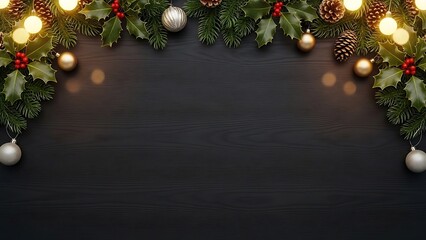 Christmas Garland Border with Bokeh Lights Pine Cones Holly Berries on Dark Wood.