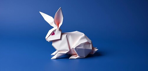 Folded origami paper rabbit, long ears, sitting pose , folding, handmade