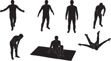 Set of black human silhouettes with dynamic poses for architectural rendering, scale figures of people standing, bending, and lying down for 3D visualization. © IKHTIARAHMED