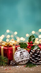 Festive Christmas Gifts Pine Cones Holly and Baubles on Wooden Background.