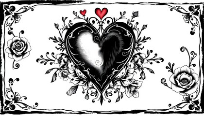 AI-generated black & white scratchboard Valentine's Day card theme with a stylized heart, intricate floral ornaments, and a bold tattoo-inspired design, pattern, sentiment