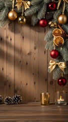 Christmas Eve Holiday Decoration on Rustic Wood Background with Pine Cones.