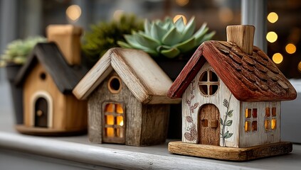 Three charming miniature decorative houses with warm internal lights sit on a ledge beside a green plant