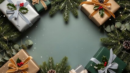 Christmas Gifts  Fir Garland Border - Festive Holiday Season Background.