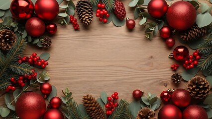 Festive Christmas Border Frame with Red Ornaments Pinecones and Holly on Wood.
