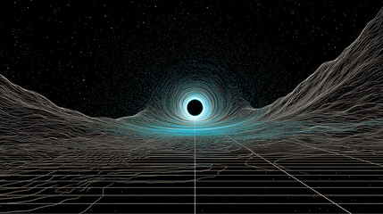 Digital illustration of mysterious abstract cosmic landscape with black hole portal in wireframe grid space with dark stars background