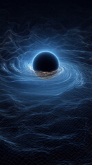 Mysterious blue cosmos with abstract black hole sphere swirling into dark vortex of deep space singularity illustration showing cold energy