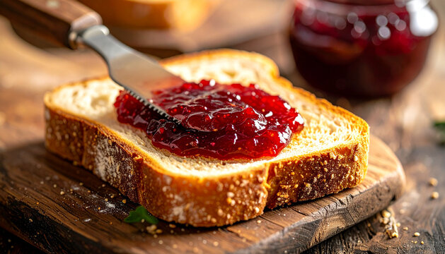 Rustic butter knife spreading fruit jam on warm bread slice, cozy close-up